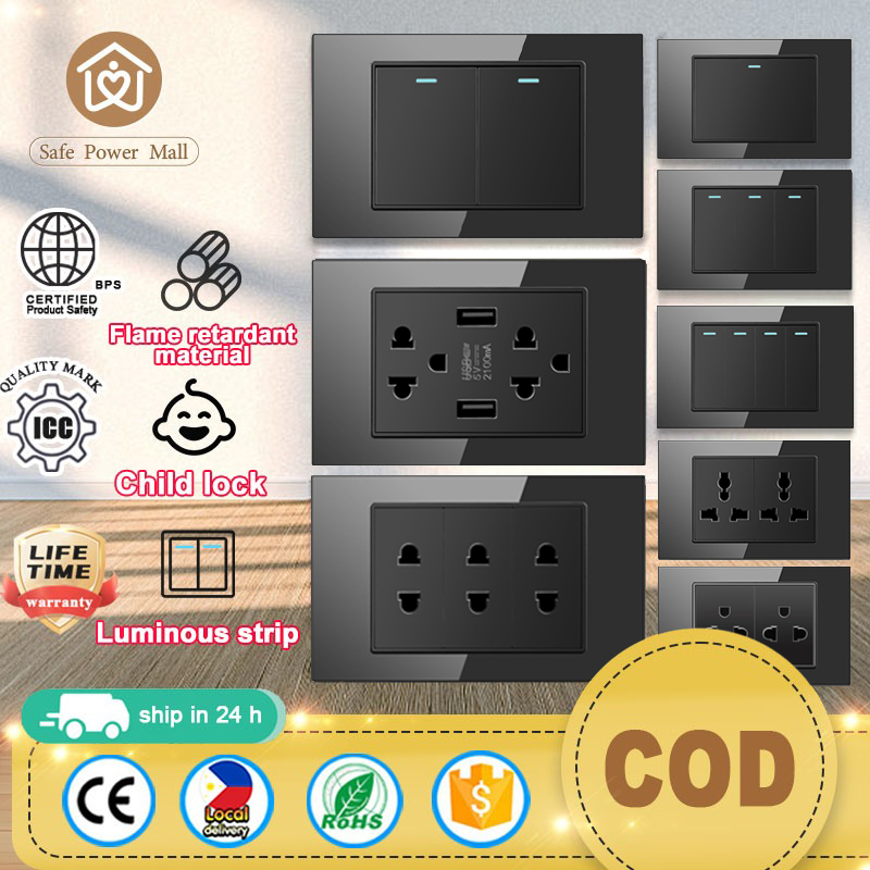 SPM Wall Switch Socket Universal Outlet Glass Panel 3 Gang Switch 3 way ...