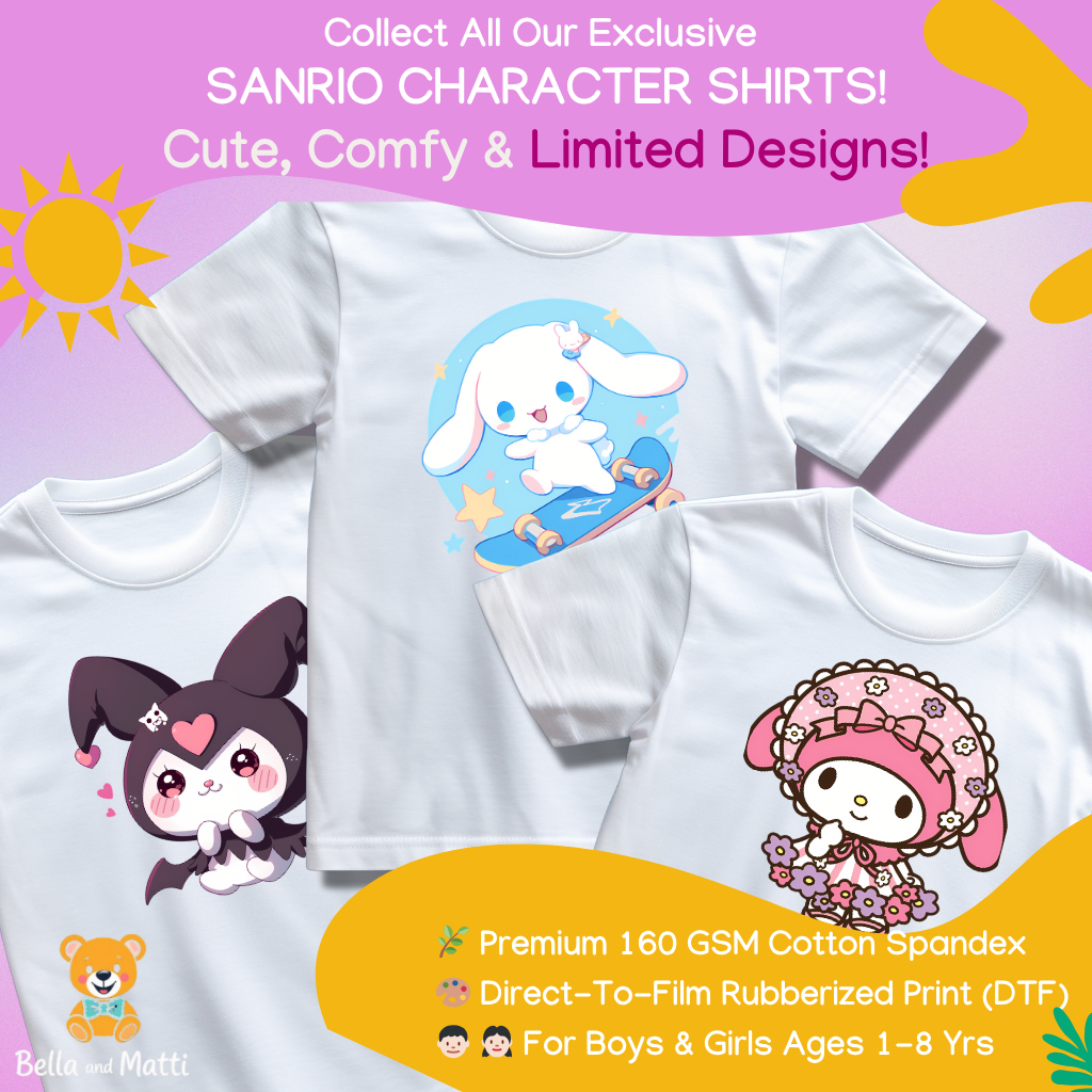 3 pcs Sanrio Kids T-Shirts for Girls (1–8 Yrs) – Soft Cotton Spandex ...