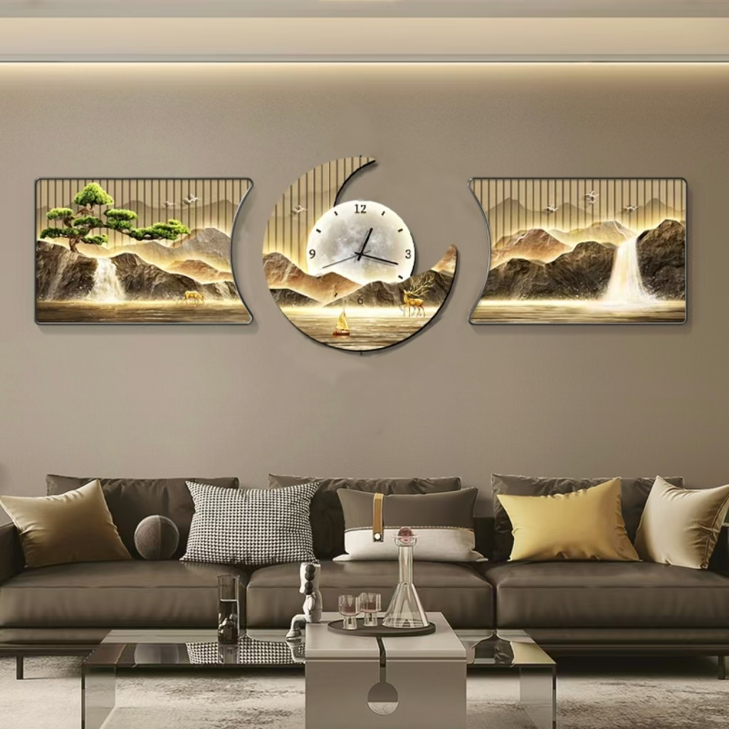Living room aesthetics home wall clock painting clock triptych mural ...