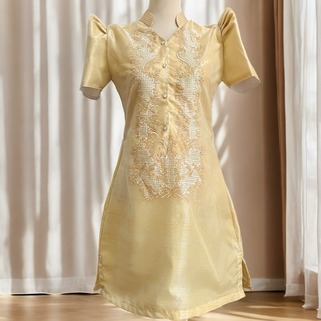 Moder Filipiniana. Ladies Barong Dress. Cream. Matte Gold | Shopee  Philippines