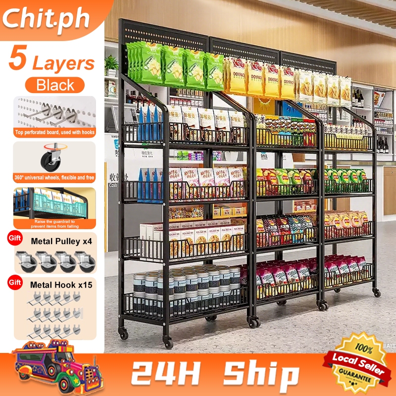 CHIT Grocery Rack Supermarket Shelves with Wheels Metal Snack Shelves ...