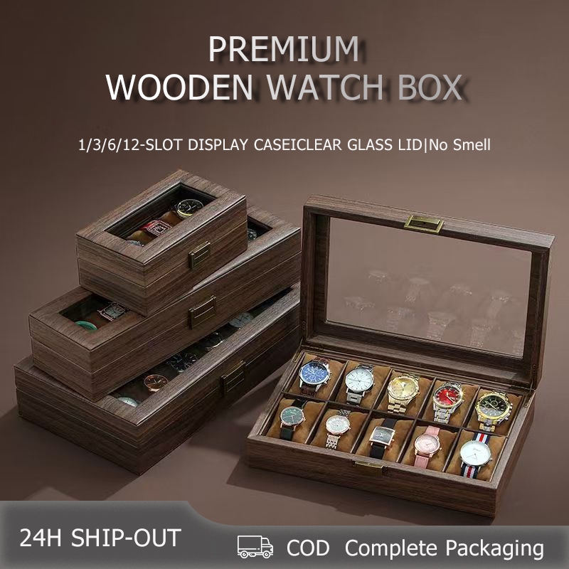 Wood Watch Storage Box1/3/6/12 Slot Dust Proof Glass Cover Watch Box ...
