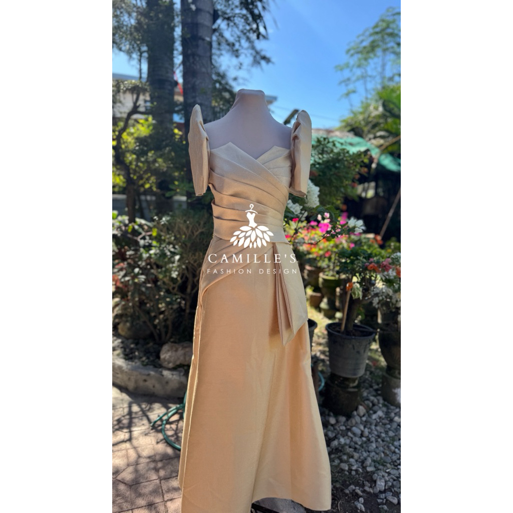 Modern Filipiana Long Gown Fleated Top gazar Formal Style Principal sponsor  / Golden wedding | Shopee Philippines