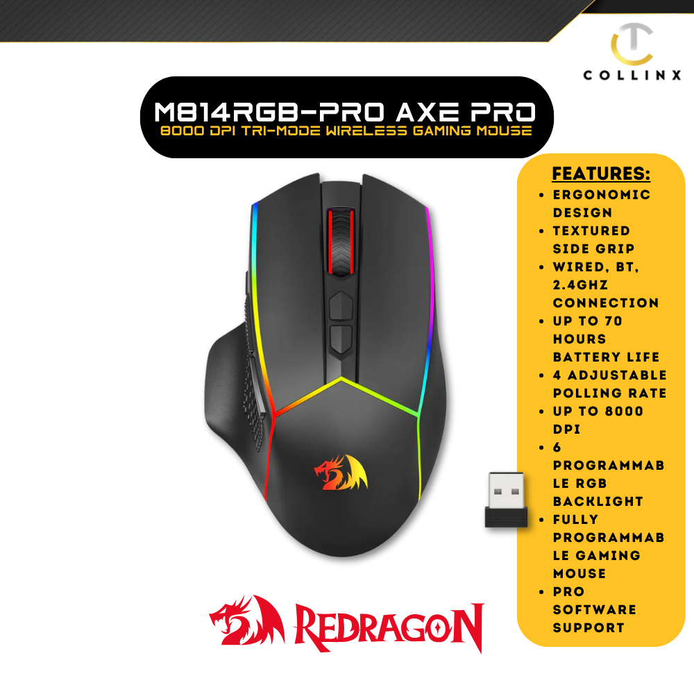 Redragon M814RGB-PRO Axe Pro RGB 8000 DPI Tri-Mode Wireless Gaming ...