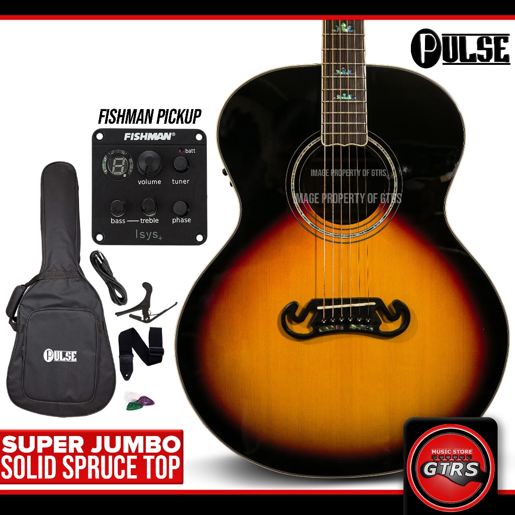 Pulse Solid Spruce Top Jumbo Size Acoustic Guitar with Fishman Pickup ...