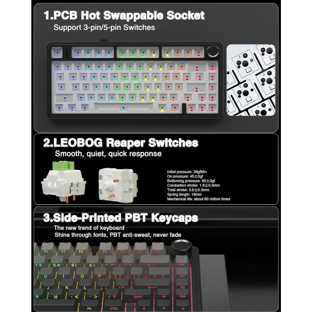 AULA F75 PRO GRADIENT GREY SIDE ENGRAVE KEY REAPER SWITCH MECHANICAL ...