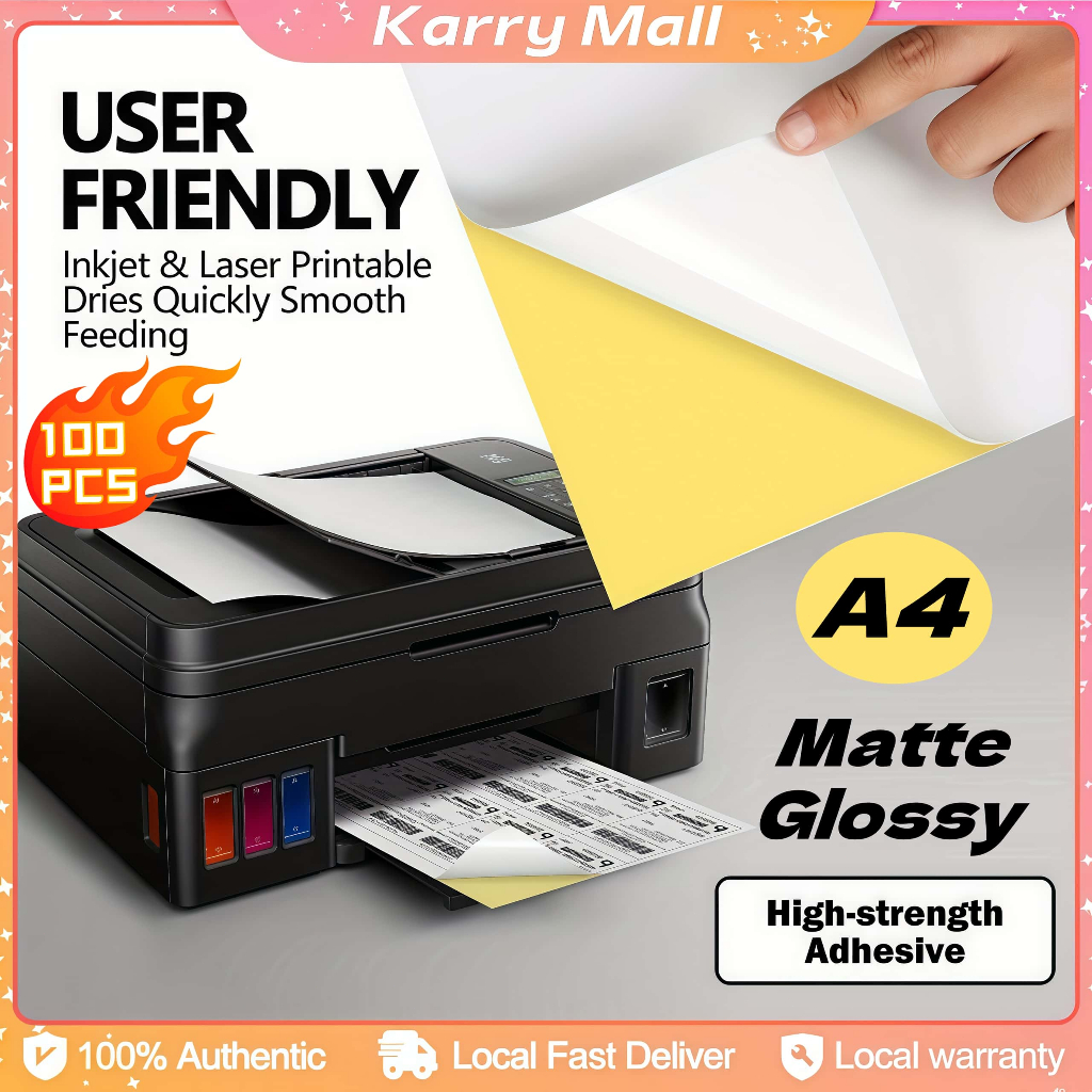 100 Sheets Glossy Matte A4 Self-Adhesive Sticker Labels Printing Paper ...