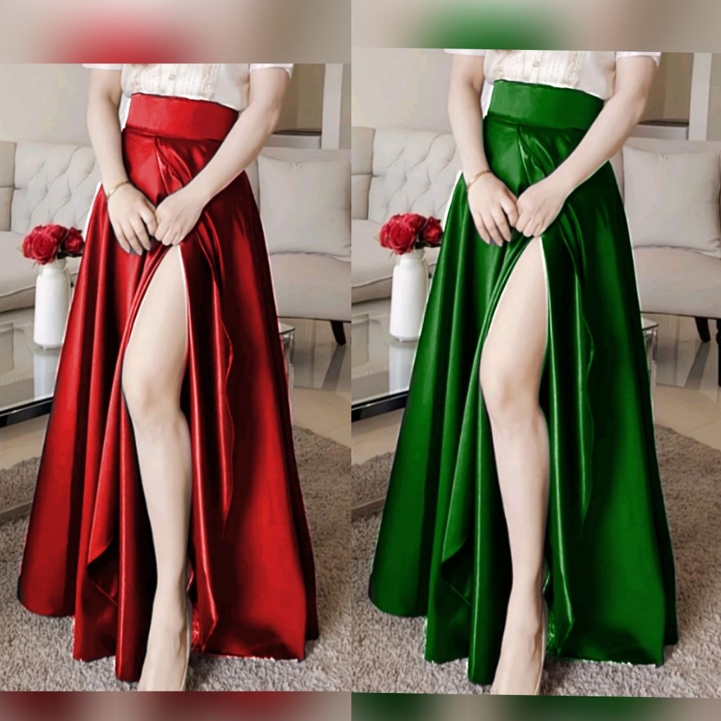 skirt Long highwaist overlap slit / lenght 42inches satin slik | Shopee ...