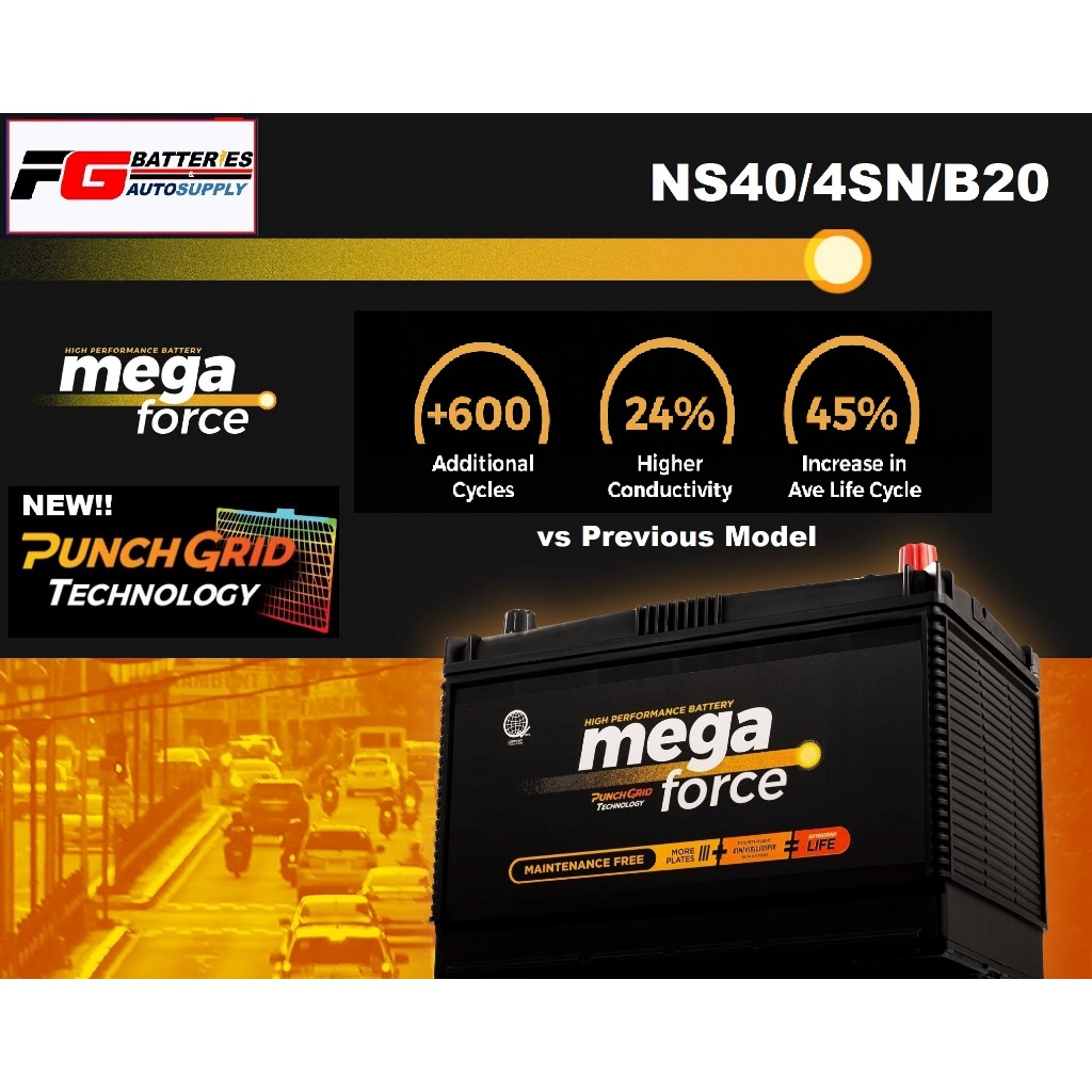Mega Force NS40/4SN/B20 Maintenance Free Battery NEW PUNCHGRID ...