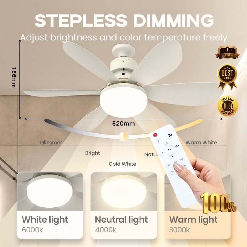 Tri Colors Ceiling Fan With Light Remote Control 6-Blade Fan Light ...