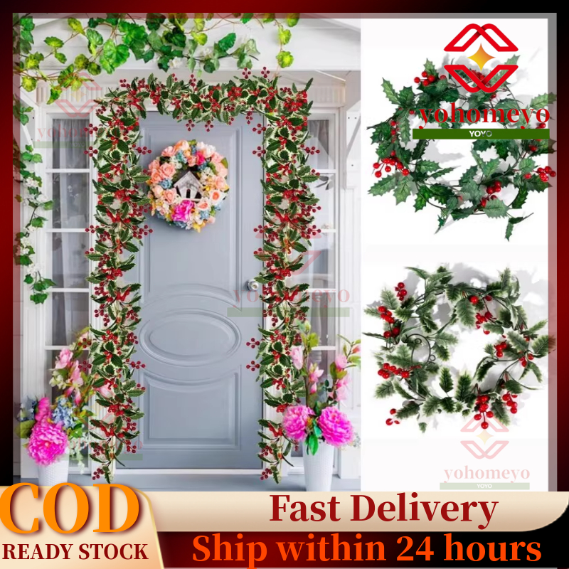 2M Christmas Garland String Artificial Red Berries Holly Leaves DIY ...