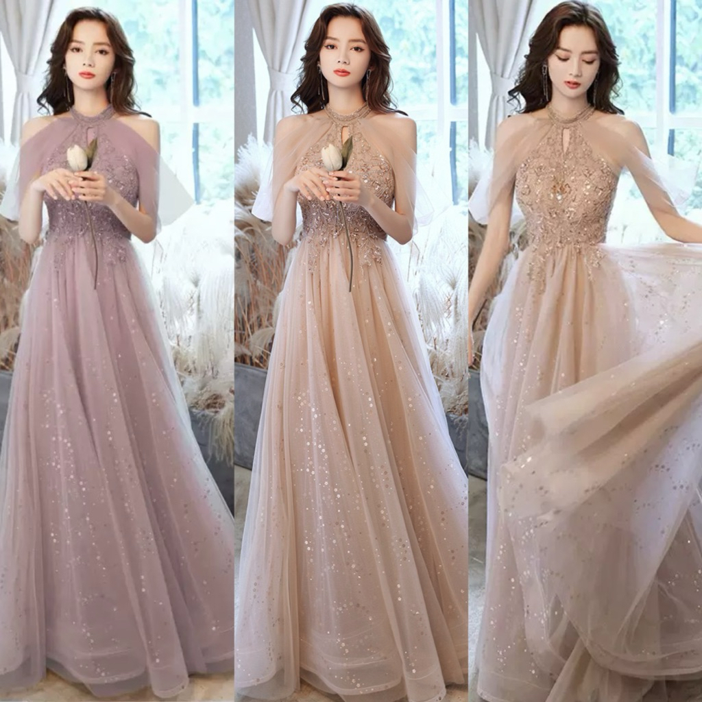 Mumu Champagne new banquet dress temperament socialite bridesmaid dress  host atmosphere dress | Shopee Philippines