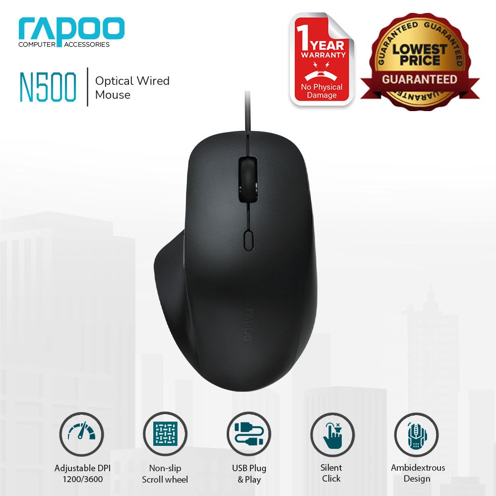 Rapoo N500 Optical Wired Mouse With Ergonomic Design DPI Adjustment And ...