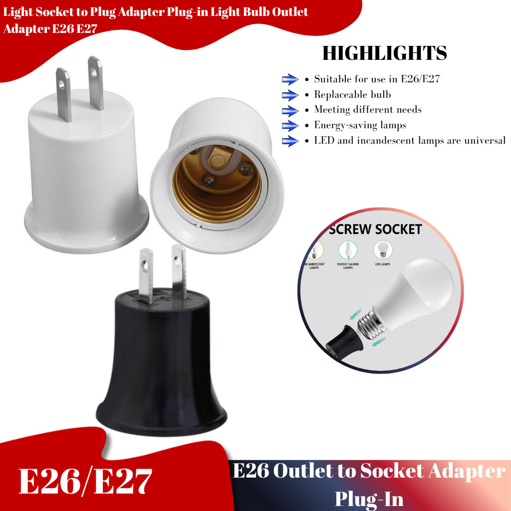 Light Socket to Plug Adapter Plug-in Light Bulb Outlet Adapter E26 E27 ...