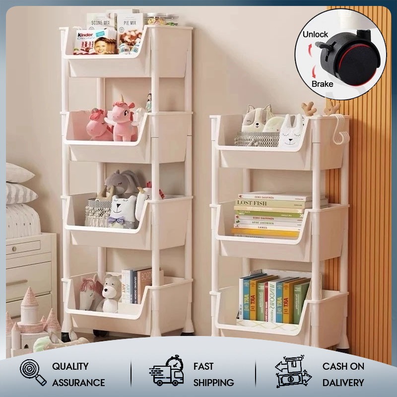 3/4/5 Layer Moving Rack Trolley Cart Book Storage Rack Shelf Organizer ...