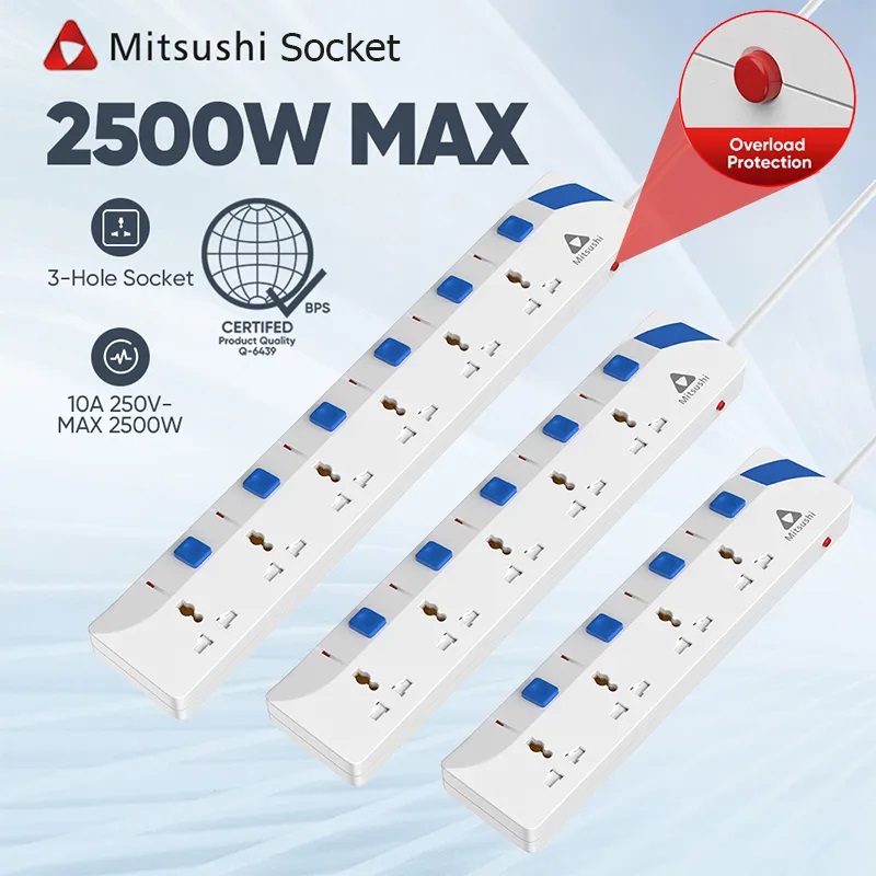 Mitsushi 2500W Power Strip Socket Heavy Duty Extension Socket 4/5/6 ...
