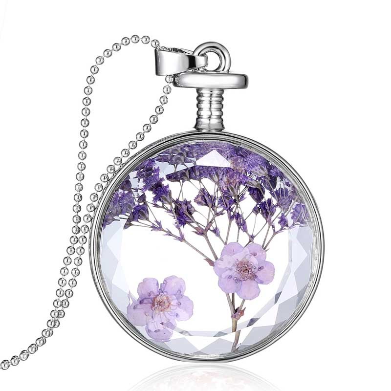 Dried Beautiful Purple Flower Natural Plant Glass Locket Necklace Gold ...