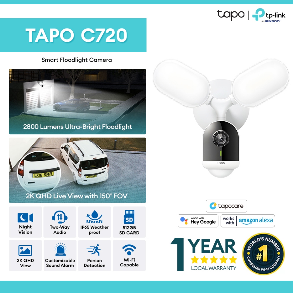 TP-Link Tapo C720 Smart Floodlight Camera,2K QHD Live View, Motion ...