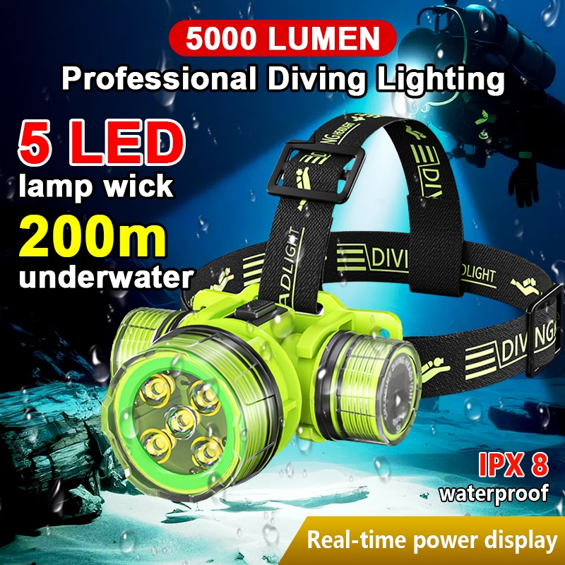 5 LED Diving Headlight Flashlight Rechargeable Waterproof Professional ...