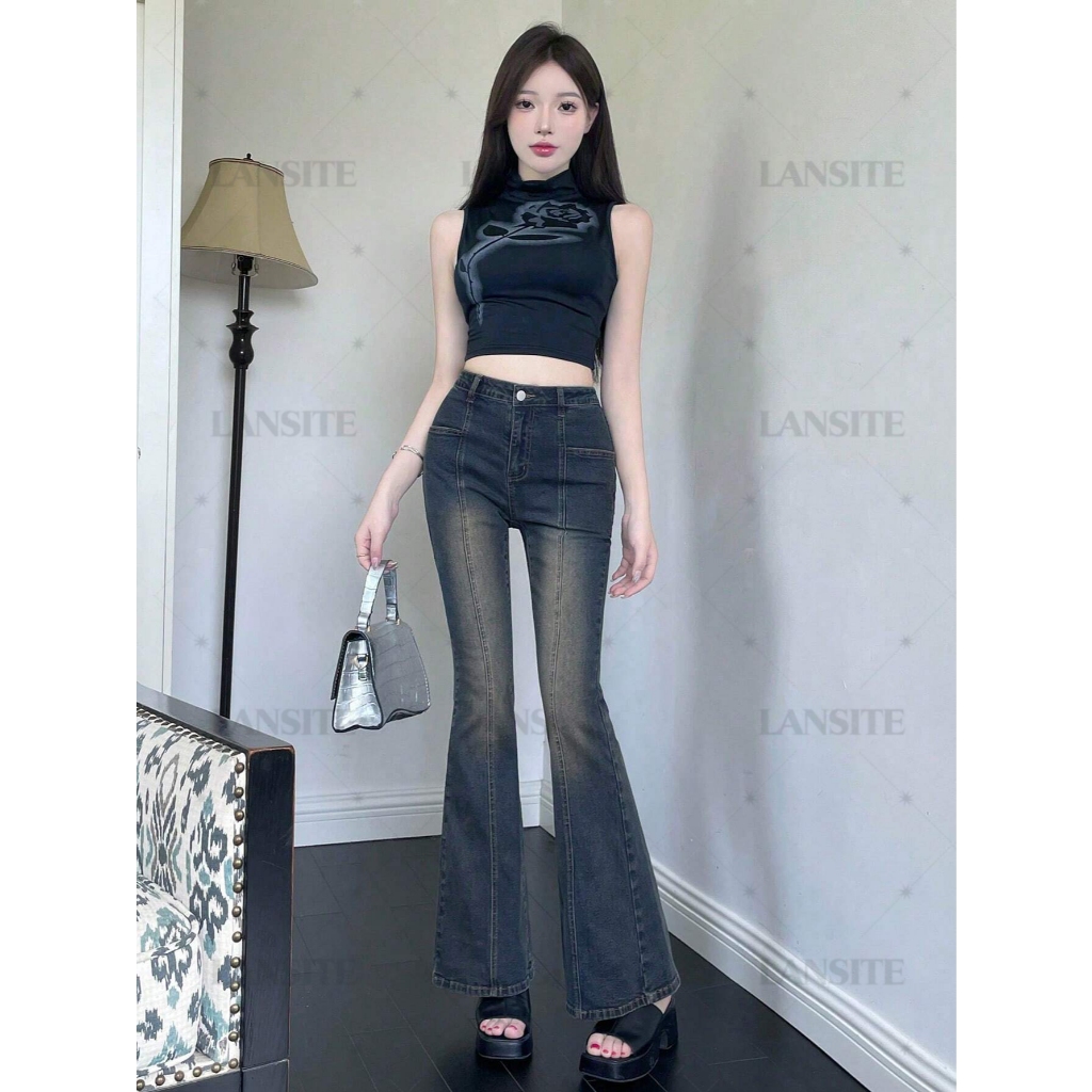Lansite Washed Flare Leg Jeans,Ladies Button,Pocket Natural Flare Leg ...
