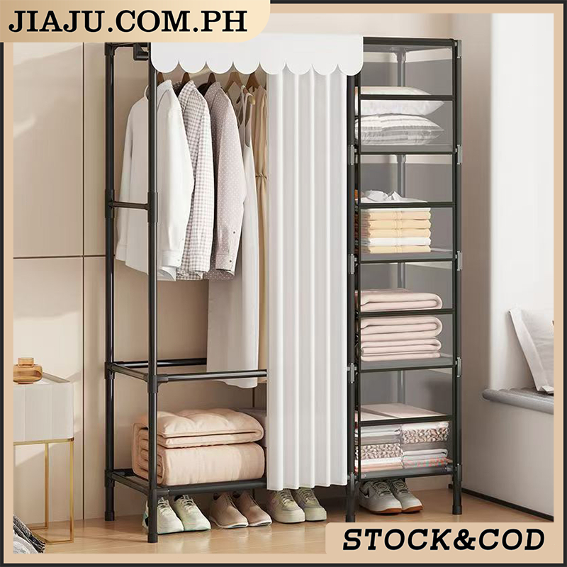 Rack Coat Dustproof Wardrobe Cabinet Clothes Rack with Curtain Clothes ...
