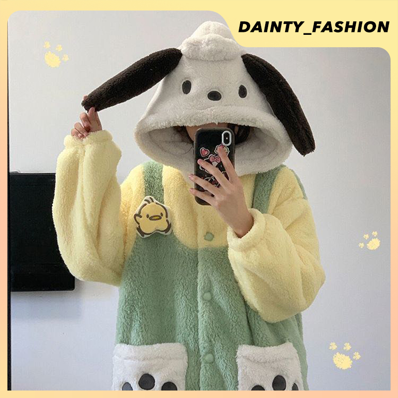 Hooded Nightgown Women's Cute Pochacco Mid-length Plush Fleece Pajamas ...