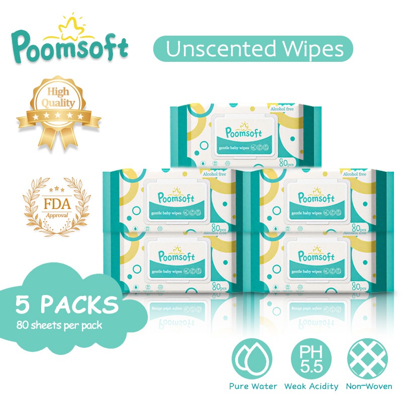 Poomsoft 5 Packs x 80 Sheet Unscented No-Alcohol Gentle Wipes Wet ...
