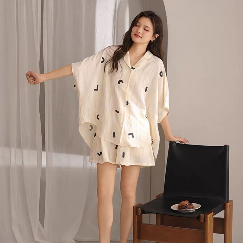 LINNA Plus Size Women Loose Cotton Pajama Set Short Sleeve Geometric ...