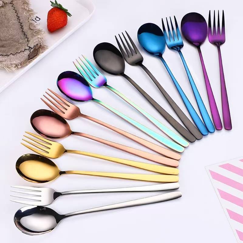304 STAINLESS STEEL SPOON FORK LONG HANDLE TITANIUM PLATED TABLEWARE ...