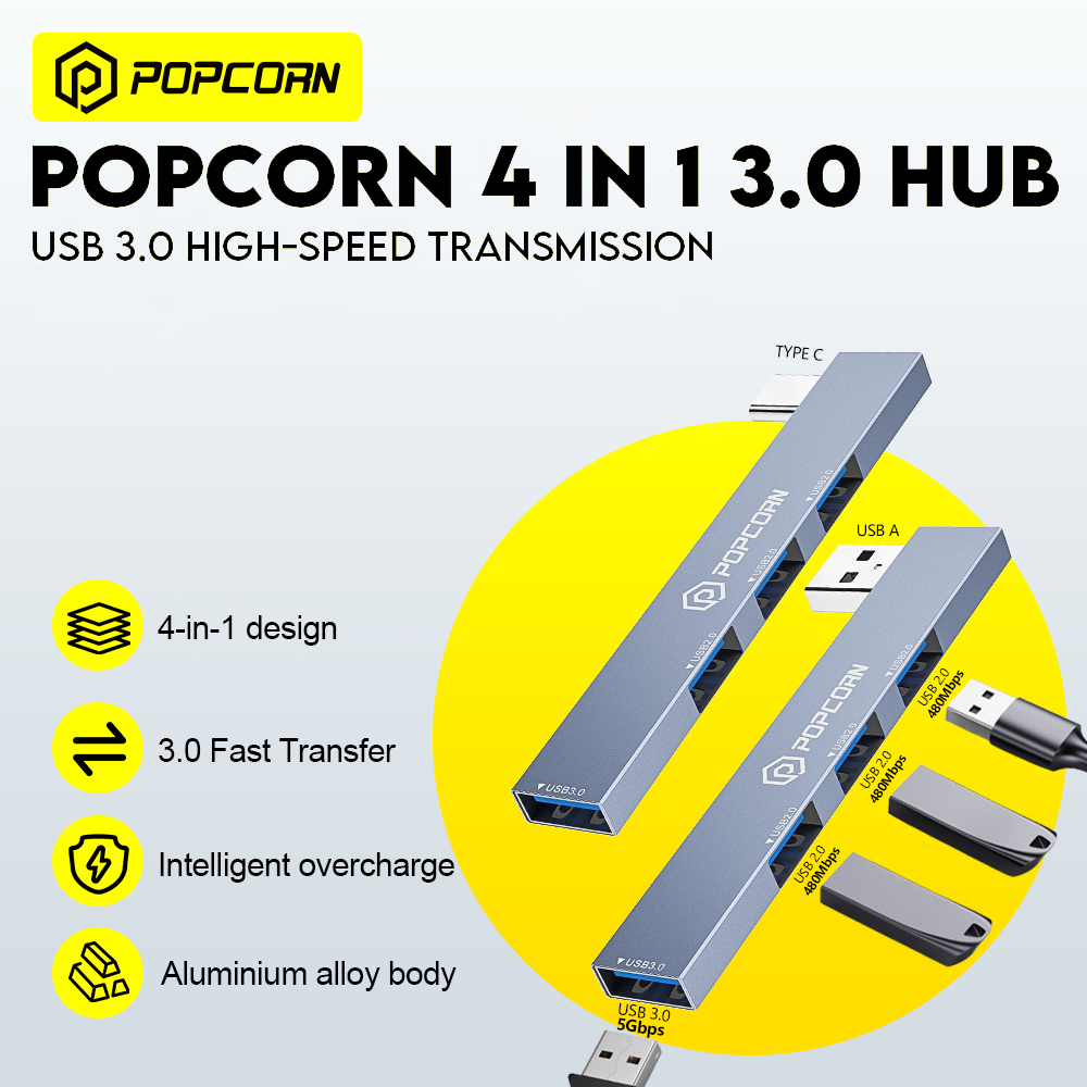 Popcorn Universal 4 In 1 3.0 Hub 4 Ports High Speed Adapter Multi ...