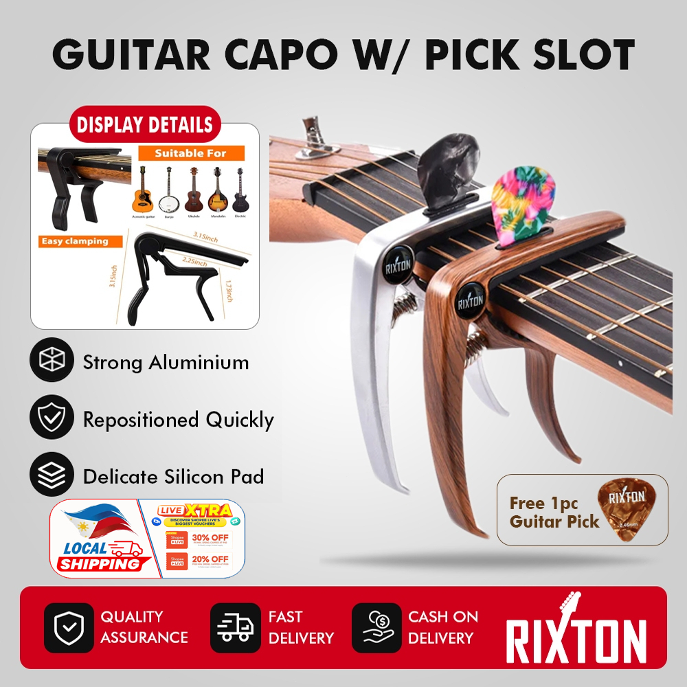 RIXTON Guitar Capo with Pick Slot Metal Wood Grain Easy Change Clamp ...