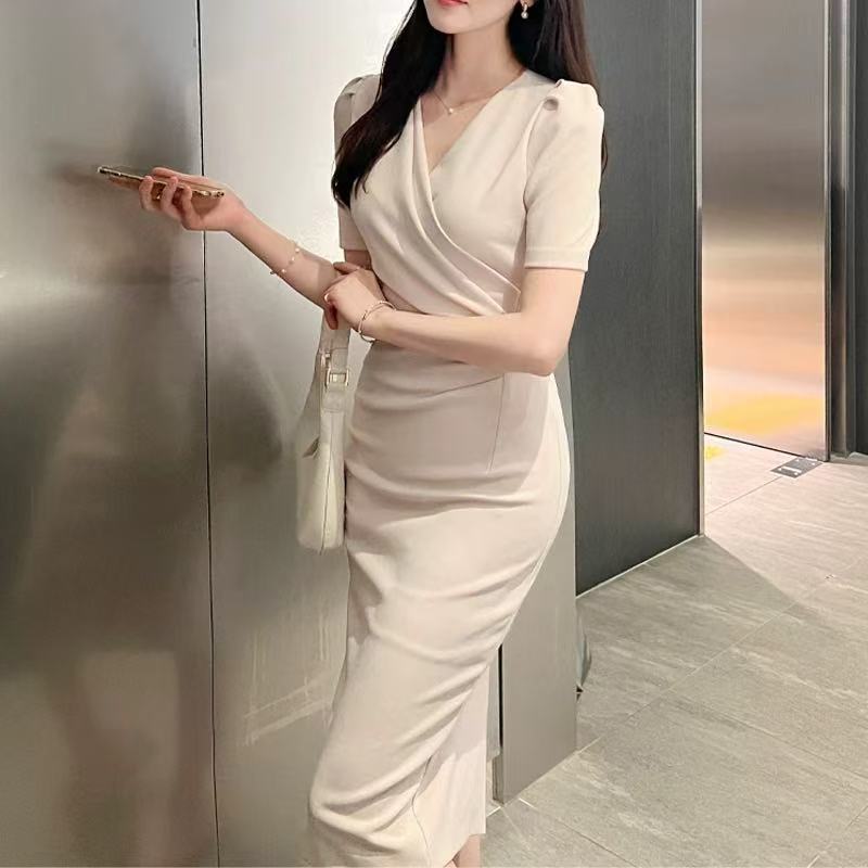korean formal elegant beige bodycon midi dress plus size summer long ...