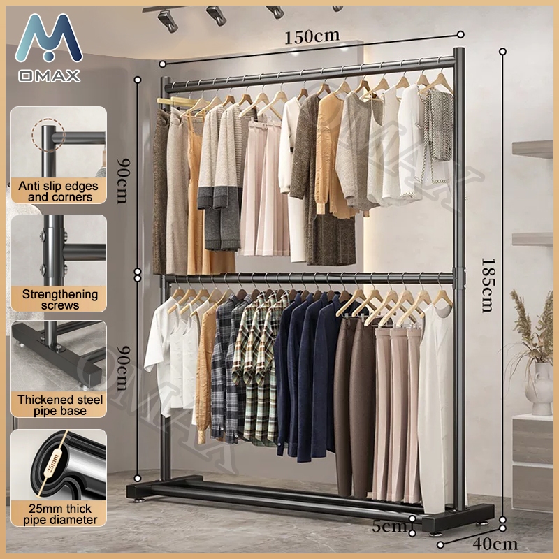 Double Layer Metal Clothes Floor Hanger Bedroom Drying Rack Balcony ...