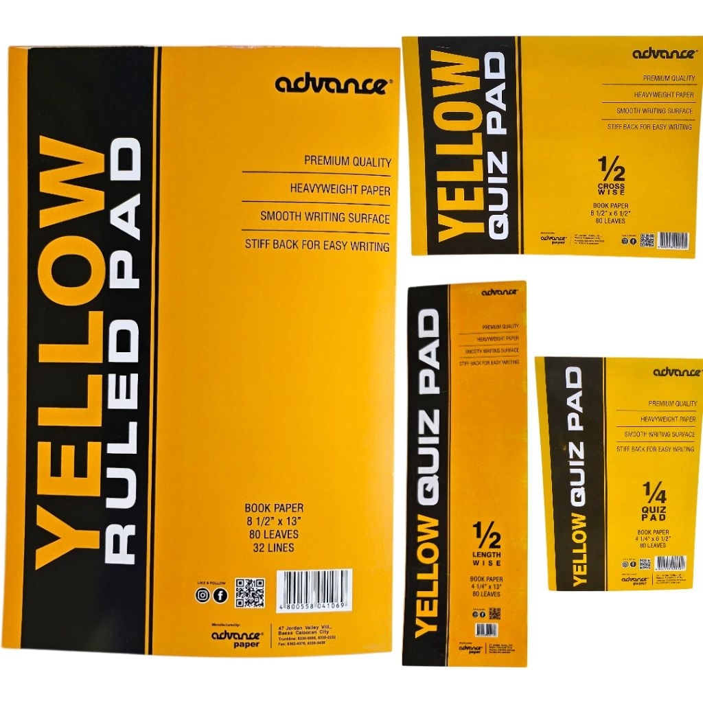 Advance Yellow Pad Set - Whole Pad,Crosswise, Lengthwise and 1/4 Set of ...