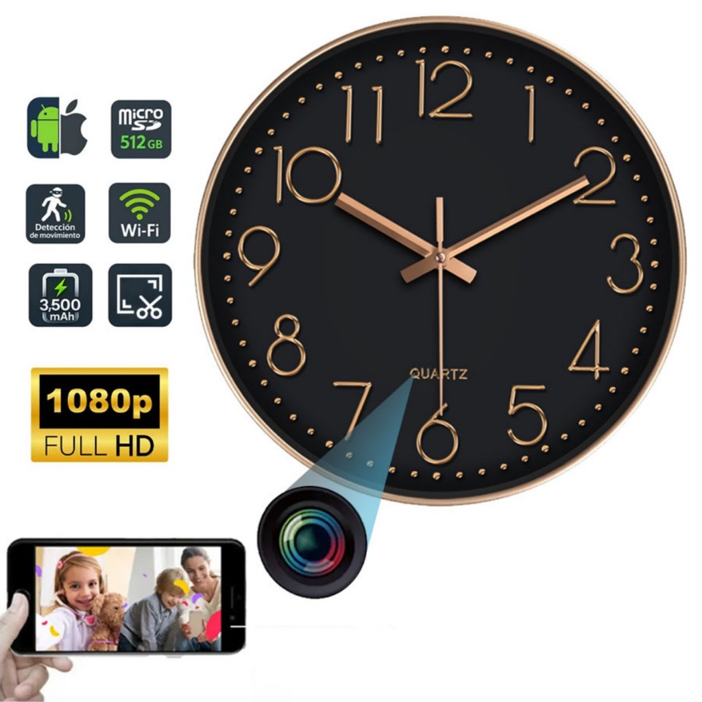 Hide Camera 1080P HD Wifi Wall Clock Home Security Nanny Camera Support ...