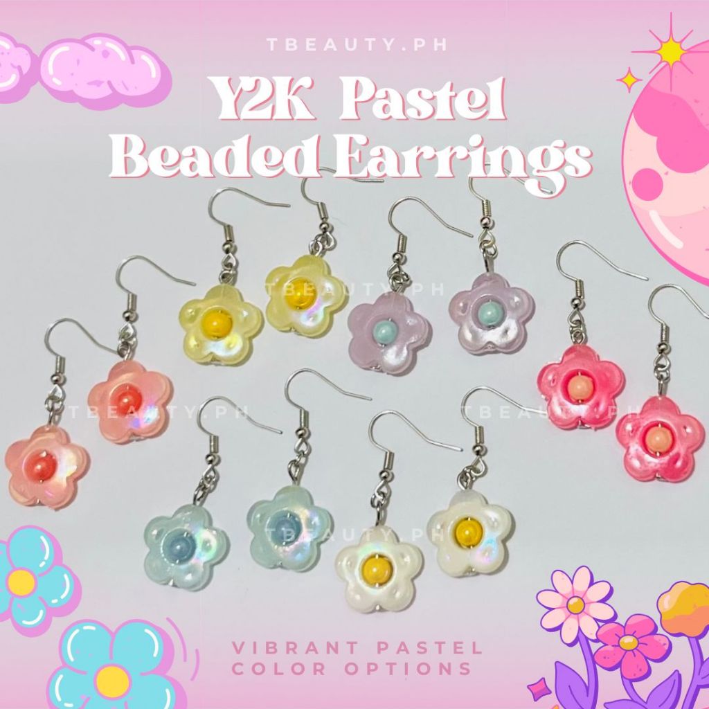 Y2K-Inspired Pastel Flower Beaded Earrings – Handmade Resin Dangle Hook  Earrings, Kawaii Aesthetic - Main Image