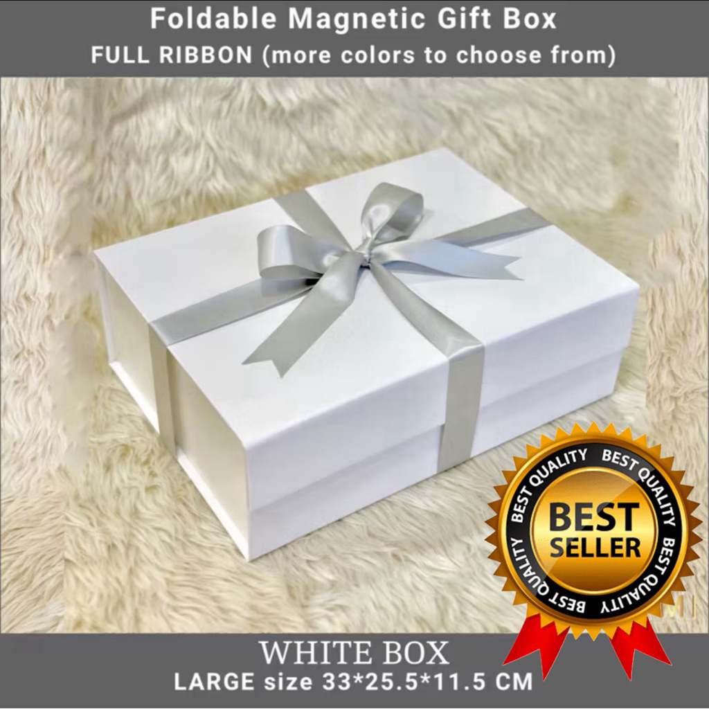 Premium Magnetic Gift Box LARGE White FULL RIBBON Collapsible Elegant ...