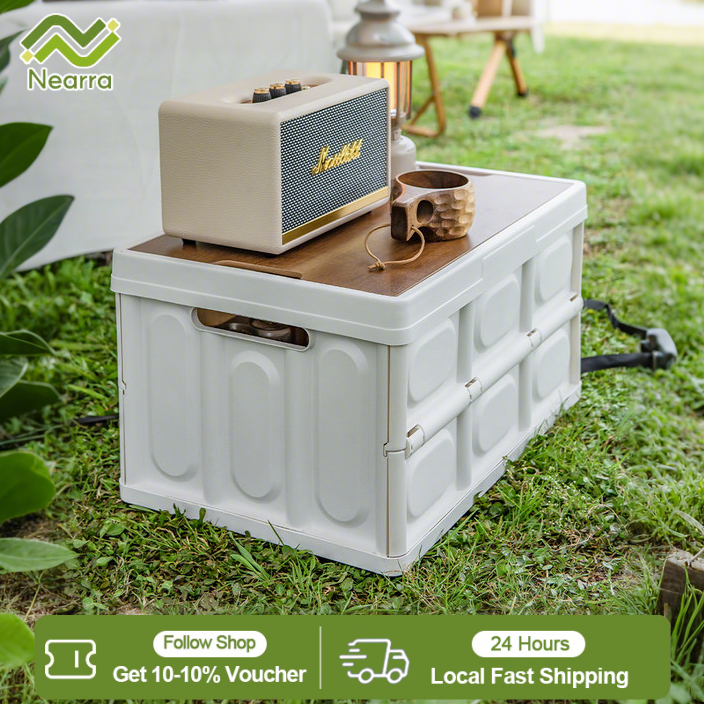 Nearra 55L Large Foldable Plastic Storage Box with Wooden Lid Outdoor ...