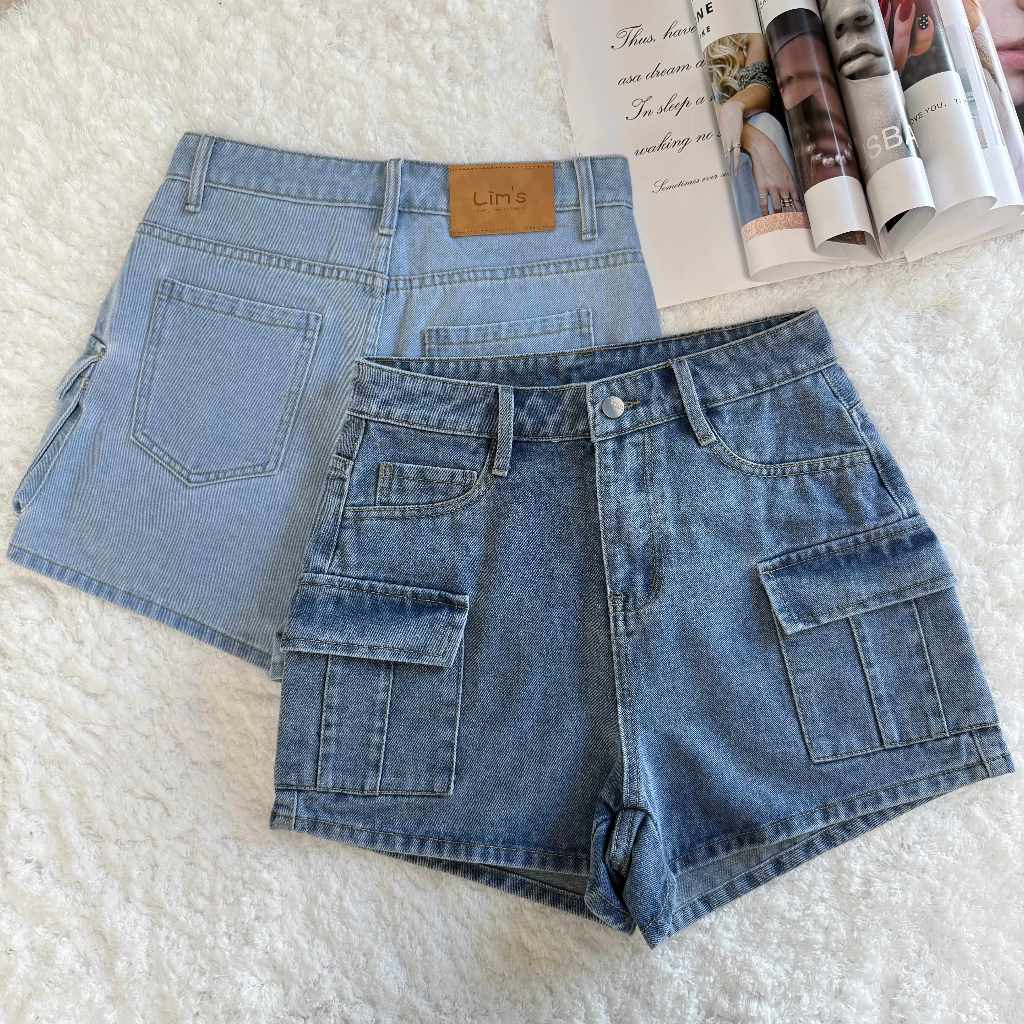 6-Pocket cargo denim shorts High waist vintage blue shorts Loose fit  Y2K women's street style de
