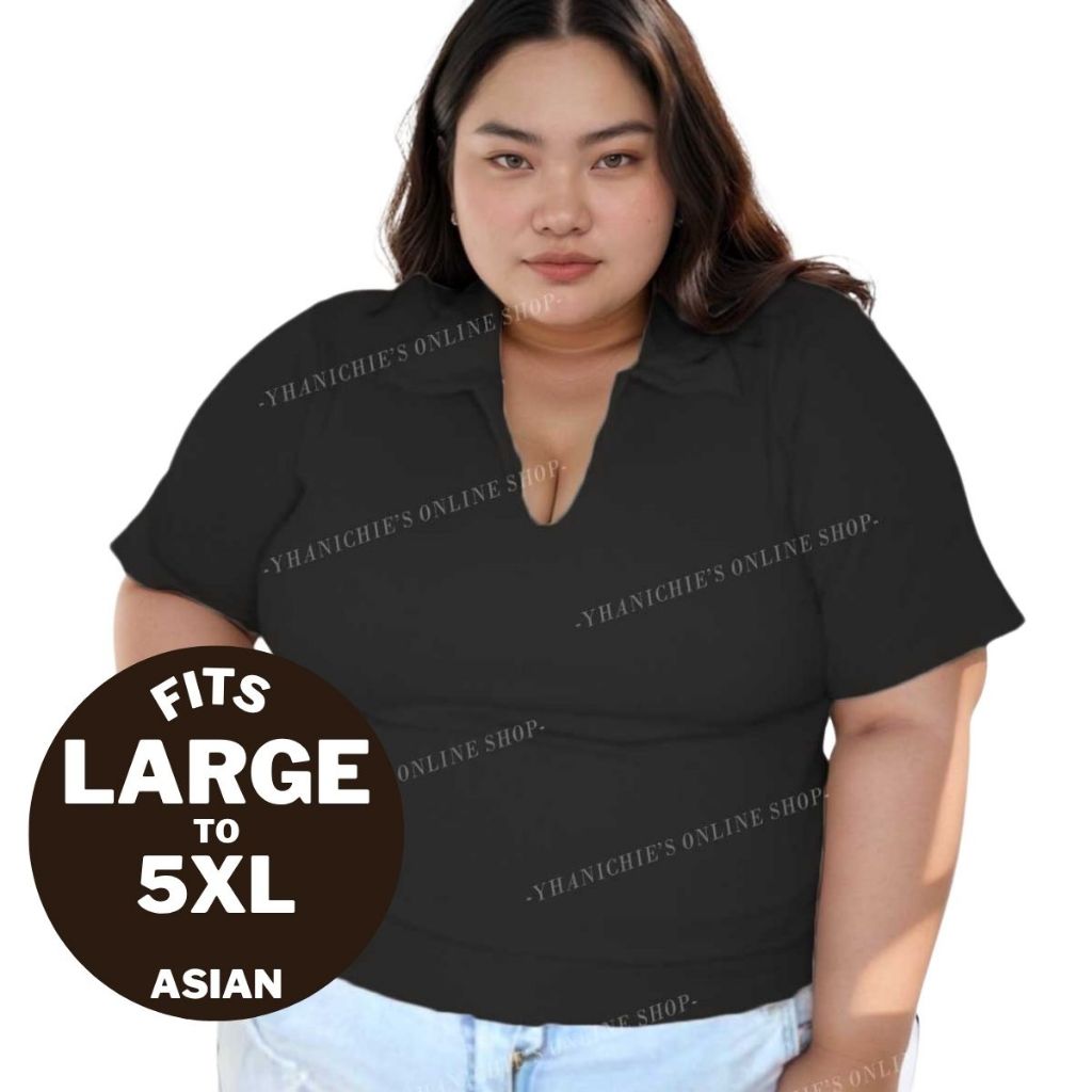 Plus Size Polo Collar Knit Top (XL-5XL) | Stretchy, Semi Crop Casual ...