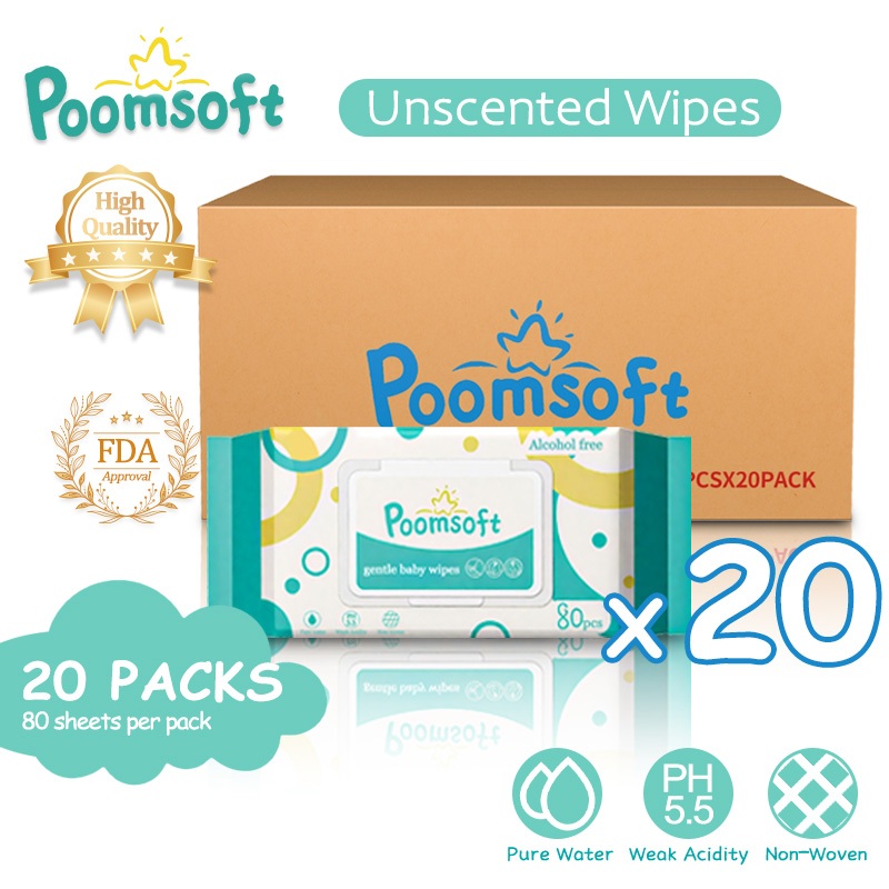 Poomsoft 20 Packs x 80 Sheet Unscented No-Alcohol Gentle Disposable ...
