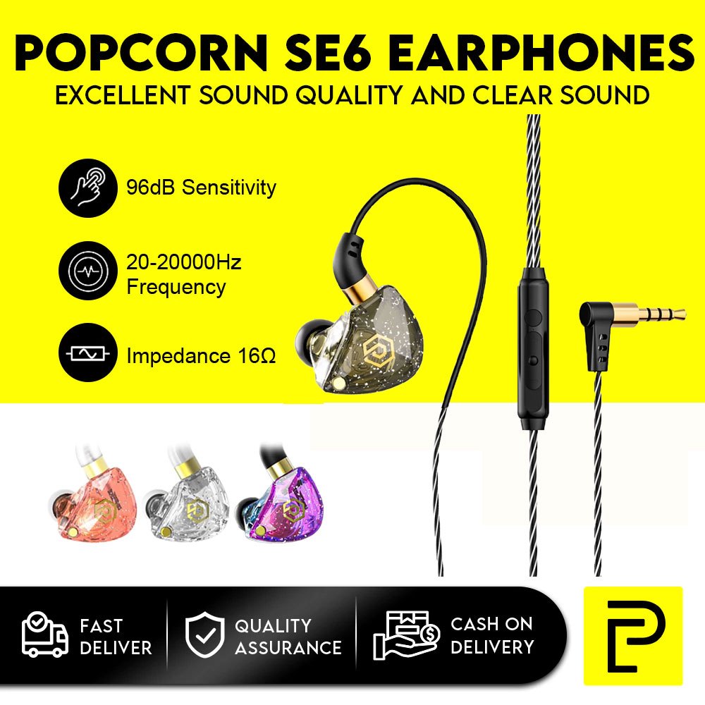 Popcorn SE6 Eearphone Deep Bass Dynamic In-Ear Earphones With Mic ...