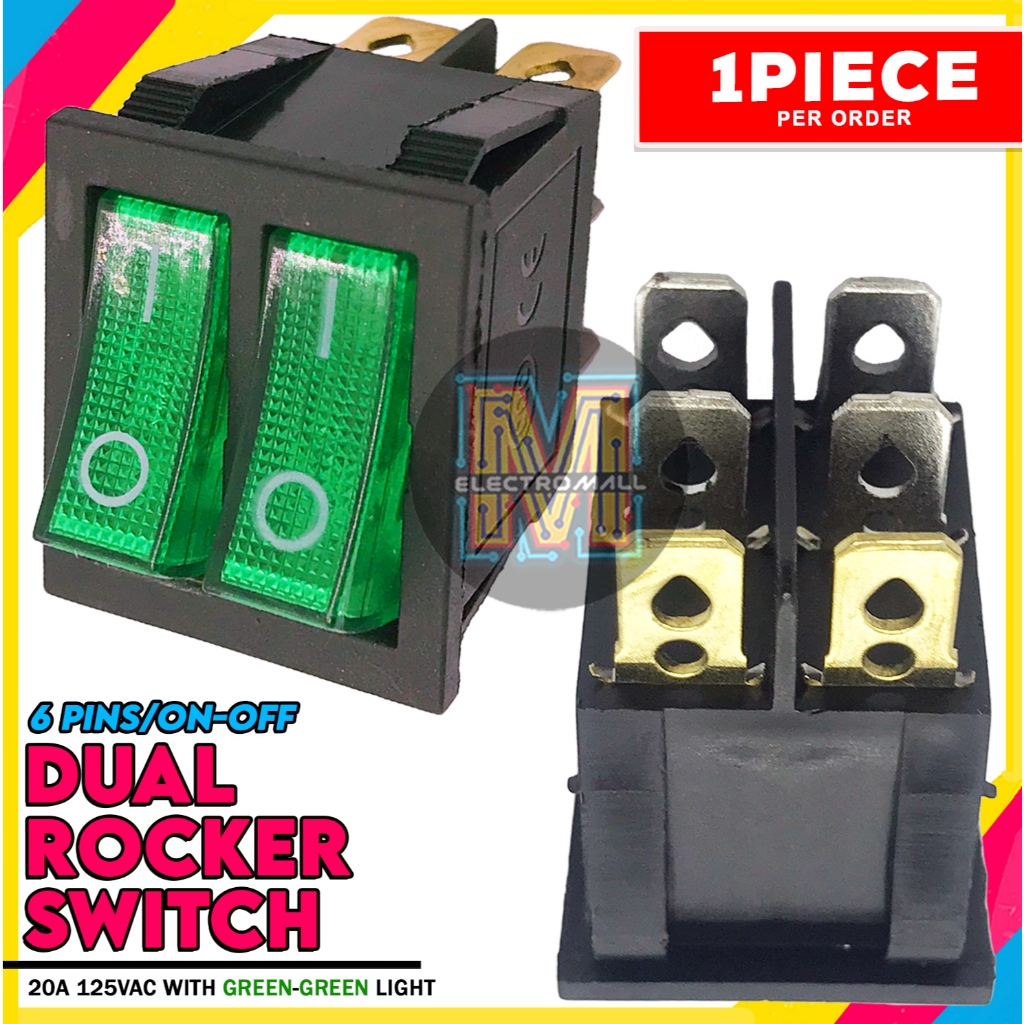 Dual Rocker Switch On-Off 6 Pins With GREEN-GREEN Light 20A 125V AC ...