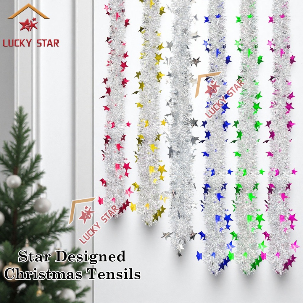 #52 Tinsel Garland Glossy Silver Tinsel With Star Design Accent ...