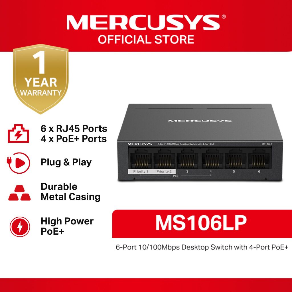 Switch Mercusys Ms106lp 6 Bocas Rj45 (4 Puertos Poe at/af) | Cuotas sin interés
