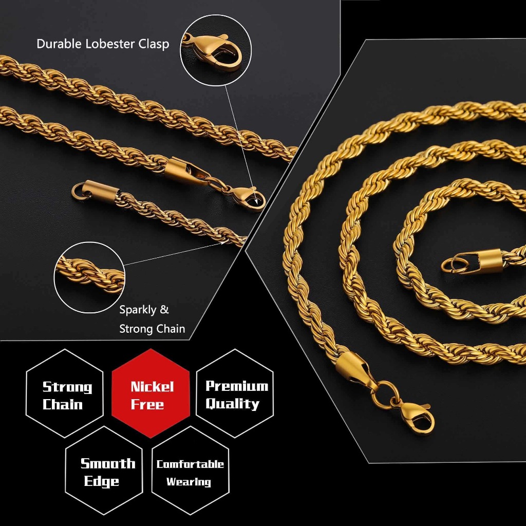 Rope Chain Necklace Gold Plated Shine Daily Hypoallergenic Non