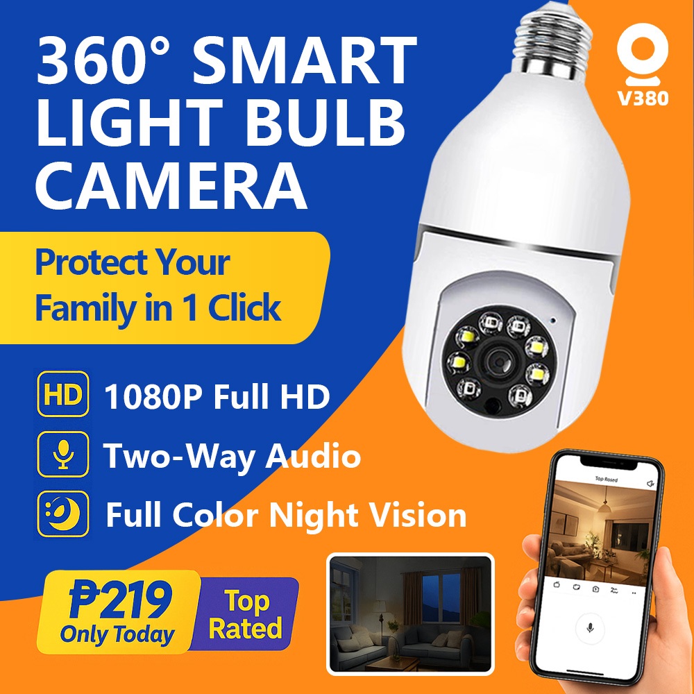 V380 Bulb CCTV Camera 355° 1080P WiFi Wireless Night Vision, 2-Way  Audio, Home Security