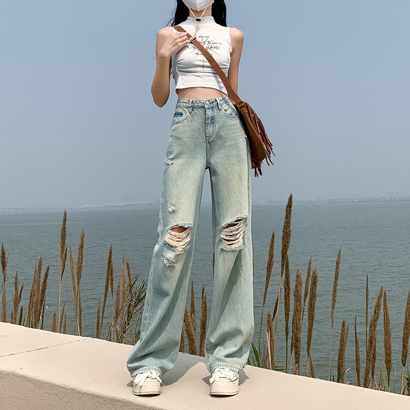 S-5XL~Long Ripped jeans blue denim straight wideleg loose Korean ...