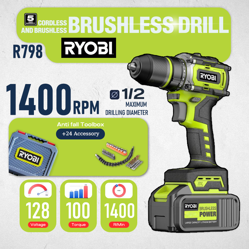 RYOBI Impact Drill Heavy duty Cordless Drill 1400RPM Charging Brushless ...