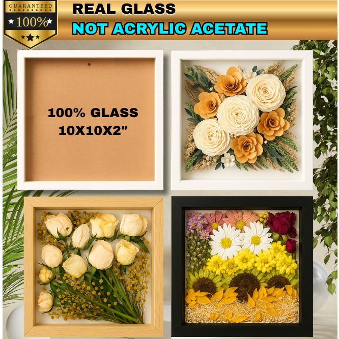 100% Real GLASS BIG SIZE Shadow Box Flower Frame Wooden Case for ...